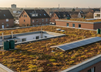 Gründach-Förderung in Herne: So sichern sich Eigentümer:innen bares Geld xtensive Dachbegrünung mit Sedum-Pflanzen und Photovoltaik-Anlage auf einem Wohngebäude in zur Förderung der Klimaresilienz.