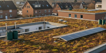 xtensive Dachbegrünung mit Sedum-Pflanzen und Photovoltaik-Anlage auf einem Wohngebäude in zur Förderung der Klimaresilienz.