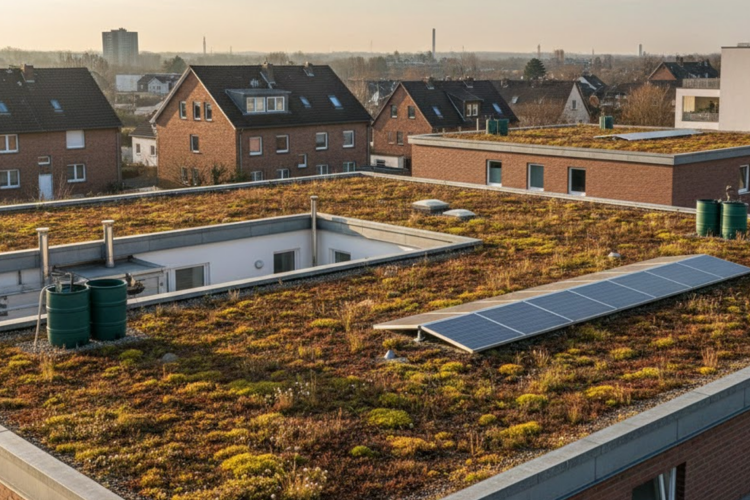Gründach-Förderung in Herne: So sichern sich Eigentümer:innen bares Geld xtensive Dachbegrünung mit Sedum-Pflanzen und Photovoltaik-Anlage auf einem Wohngebäude in zur Förderung der Klimaresilienz.