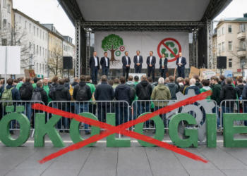 Demonstration mit Bühne und Publikum; im Vordergrund steht „ÖKOLOGIE“, mit großem roten handgeschriebenen Kreuz durchgestrichen.