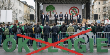Demonstration mit Bühne und Publikum; im Vordergrund steht „ÖKOLOGIE“, mit großem roten handgeschriebenen Kreuz durchgestrichen.