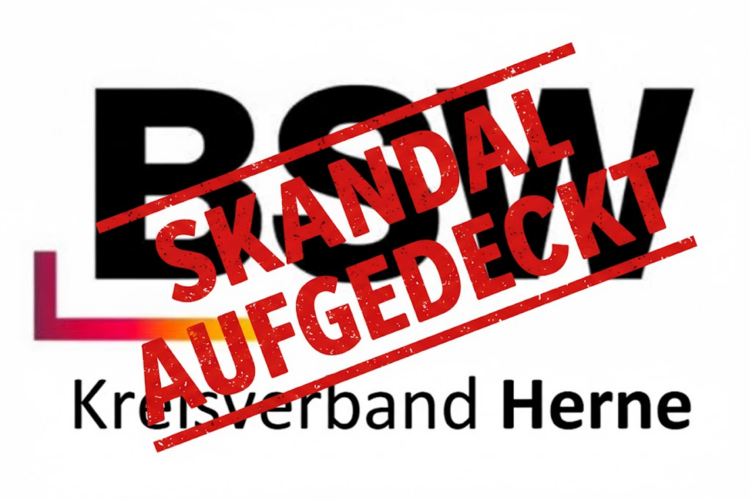 Logo vom BSW Kreisverband in Herne mit dem Schriftzug "SKANDAL AUFGEDECKT" darüber.