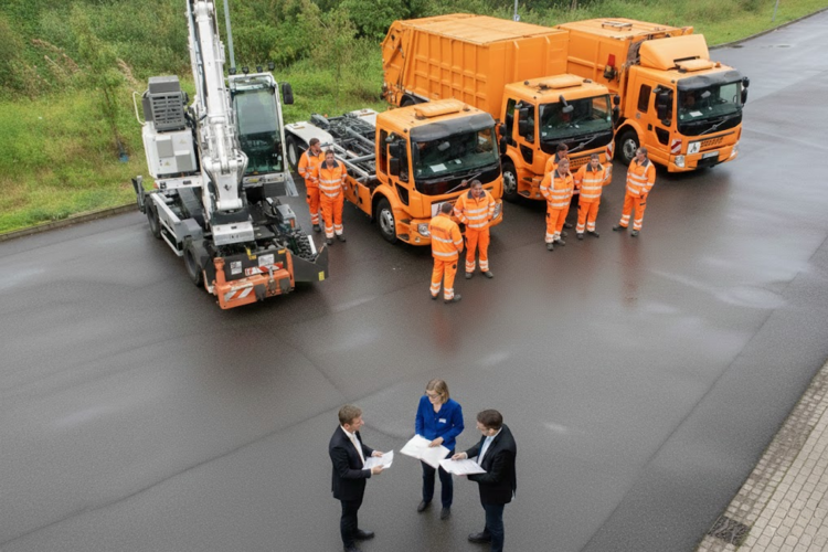 Postenschacher in Herne: Zweiter Vorstand für die Entsorgung Herne geplant Besprechung vor orangefarbenen Müllfahrzeugen.