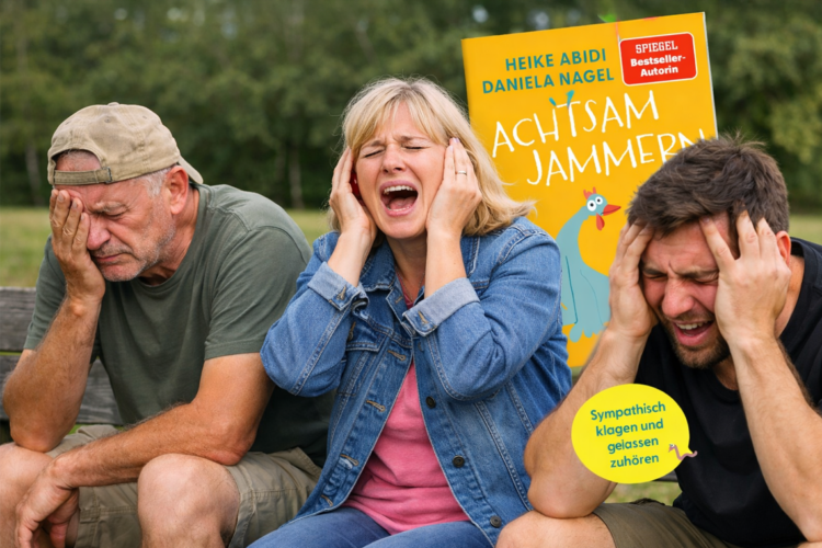 Drei Personen mit Händen am Kopf.