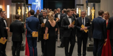 Empfang bei einer Filmpreisverleihung: festlich gekleidete Gäst:innen in Abendgarderobe zwischen beleuchteten Vitrinen mit goldenen Oscar-Statuetten in einem modernen Foyer.