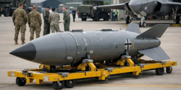 Darstellung einer modernen Atombombe mit Bundeswehr-Luftwaffe Hoheitsabzeichen auf einem Transportwagen vor einem F-35 Kampfjet zur Illustration von nuklearer Teilhabe und Abschreckung in Deutschland.