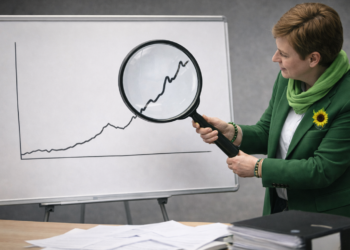 Hohe Krebssterblichkeit in Herne: GRÜNE setzen auf Statistik-Dramaturgie Politiker:in in Grün hält eine große Lupe über einen kleinen Abschnitt einer unbeschrifteten Kurve auf einer Tafel, neutraler Besprechungsraum.