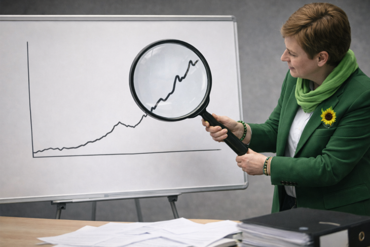 Hohe Krebssterblichkeit in Herne: GRÜNE setzen auf Statistik-Dramaturgie Politiker:in in Grün hält eine große Lupe über einen kleinen Abschnitt einer unbeschrifteten Kurve auf einer Tafel, neutraler Besprechungsraum.