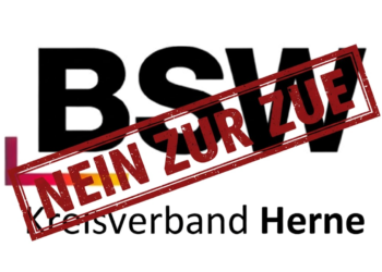 BSW lehnt die ZUE Herne an der Südstraße ab Logo vom BSW Kreisverband in Herne mit dem Schriftzug "NEIN ZUR ZUE" darüber.