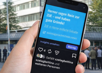 Eine Hand hält ein iPhone vor dem Hintergrund einer Zentralen Unterbringungseinrichtung (ZUE) in Herne. Auf dem Smartphone-Display ist ein Social-Media-Beitrag der Sonntagsnachrichten mit der Schlagzeile 'Herner sagen Nein zur ZUE' zu sehen, fokussiert auf die Beitragsdetails."