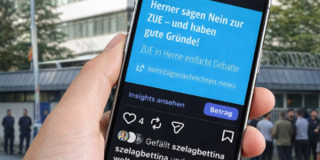 Eine Hand hält ein iPhone vor dem Hintergrund einer Zentralen Unterbringungseinrichtung (ZUE) in Herne. Auf dem Smartphone-Display ist ein Social-Media-Beitrag der Sonntagsnachrichten mit der Schlagzeile 'Herner sagen Nein zur ZUE' zu sehen, fokussiert auf die Beitragsdetails."