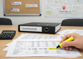 Rathaus-Besprechungszimmer: Hand markiert 252,31 % in Tabelle, Ordner „Verteilstatistik“ und Rechner; hinten Plan Südstraße 48.