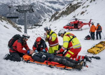Rettungskräfte versorgen verletzten Skilift-Mitarbeiter auf Schneepiste; Rettungshubschrauber und Sessellift im Hintergrund.