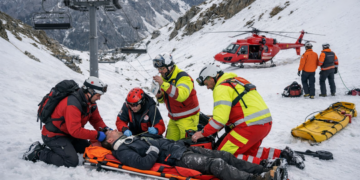 Rettungskräfte versorgen verletzten Skilift-Mitarbeiter auf Schneepiste; Rettungshubschrauber und Sessellift im Hintergrund.