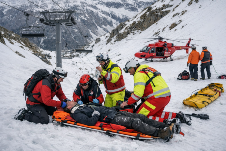 Rettungskräfte versorgen verletzten Skilift-Mitarbeiter auf Schneepiste; Rettungshubschrauber und Sessellift im Hintergrund.