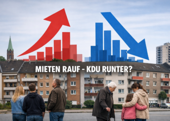 Wohnhäuser in Herne mit gegenläufigen Pfeilgrafiken zu steigenden Mieten und sinkenden KdU-Grenzen, davor Bewohner:innen im Straßenraum.