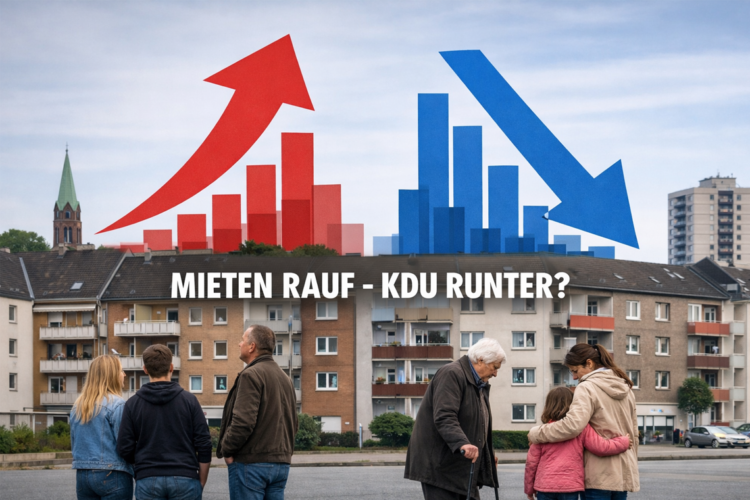 Wohnhäuser in Herne mit gegenläufigen Pfeilgrafiken zu steigenden Mieten und sinkenden KdU-Grenzen, davor Bewohner:innen im Straßenraum.