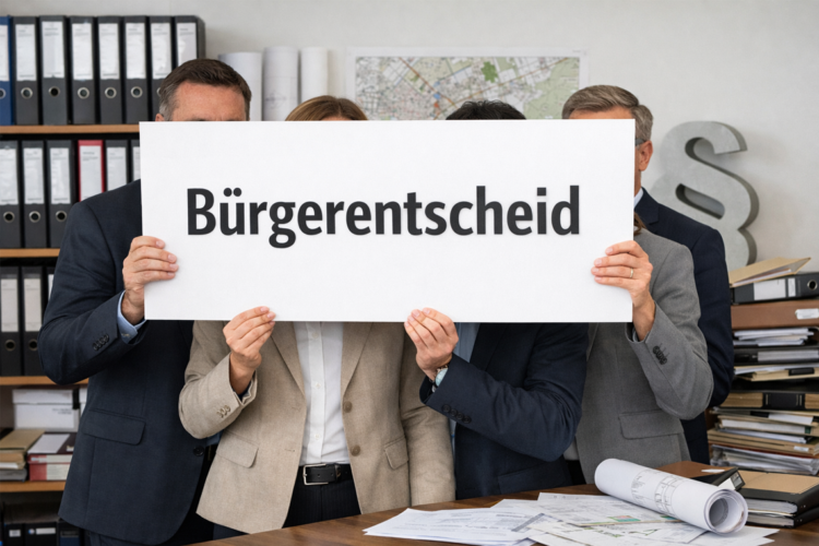 Anonyme Gruppe in Businesskleidung hält ein Schild mit „Bürgerentscheid“ vor Aktenordnern, Bauplänen und Stadtplan in einem Büro.