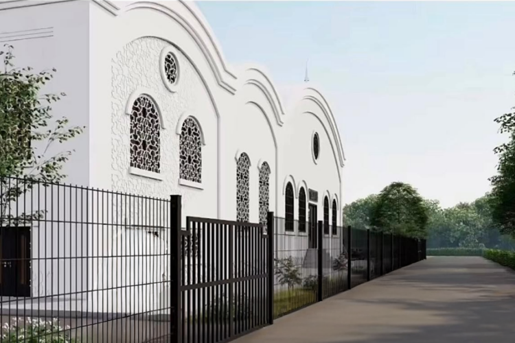 Geplante Moschee an der Cranger Straße 49 in Herne, mit kunstvollen Fenstern und Minarett im Hintergrund.