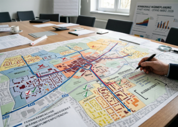Wärmeplan Herne: Wahrscheinlich falsche Rechtsgrundlagen Stadtplan mit farbigen Wärmeversorgungsgebieten, Fernwärmeachsen und juristischen Prüfnotizen zur kommunalen Wärmeplanung in Herne.