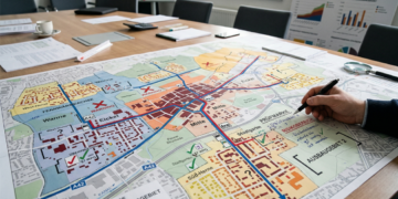 Stadtplan mit farbigen Wärmeversorgungsgebieten, Fernwärmeachsen und juristischen Prüfnotizen zur kommunalen Wärmeplanung in Herne.