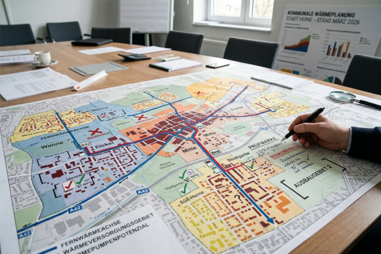 Stadtplan mit farbigen Wärmeversorgungsgebieten, Fernwärmeachsen und juristischen Prüfnotizen zur kommunalen Wärmeplanung in Herne.