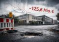 Kommunalfinanzbericht NRW 2026: Warum Herne besonders unter Druck steht Schlagloch vor sanierungsbedürftigem öffentlichen Gebäude in Herne unter grauem Himmel, darüber eingeblendete Haushaltszahlen in Rot.