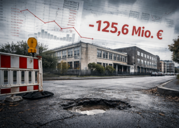 Kommunalfinanzbericht NRW 2026: Warum Herne besonders unter Druck steht Schlagloch vor sanierungsbedürftigem öffentlichen Gebäude in Herne unter grauem Himmel, darüber eingeblendete Haushaltszahlen in Rot.