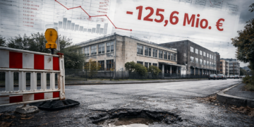 Schlagloch vor sanierungsbedürftigem öffentlichen Gebäude in Herne unter grauem Himmel, darüber eingeblendete Haushaltszahlen in Rot.