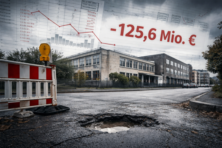 Schlagloch vor sanierungsbedürftigem öffentlichen Gebäude in Herne unter grauem Himmel, darüber eingeblendete Haushaltszahlen in Rot.