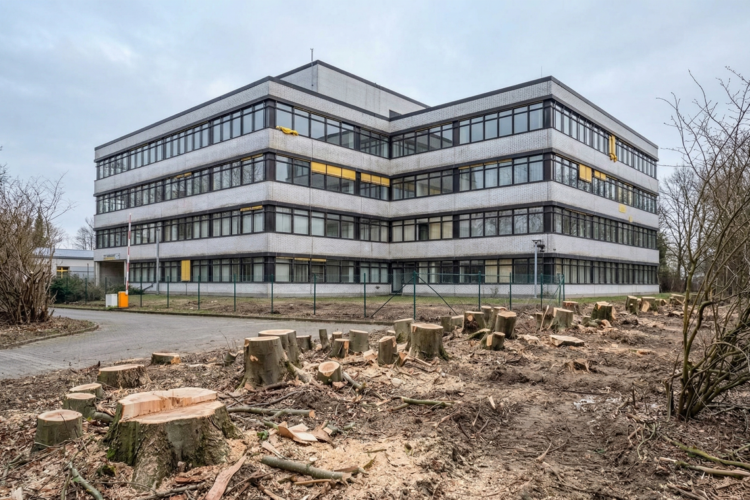 Nüchternes Gewerbegebäude hinter einer Reihe frisch gefällter Baumstümpfe auf gerodeter Fläche, dokumentarischer Stil.