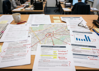 Schreibtisch mit einem Stadtplan von Herne, Diagrammen zur Kapazität und Dokumenten mit roten Korrekturen, Fragezeichen und Markierungen.