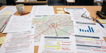 Schreibtisch mit einem Stadtplan von Herne, Diagrammen zur Kapazität und Dokumenten mit roten Korrekturen, Fragezeichen und Markierungen.