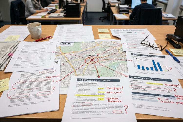 Schreibtisch mit einem Stadtplan von Herne, Diagrammen zur Kapazität und Dokumenten mit roten Korrekturen, Fragezeichen und Markierungen.