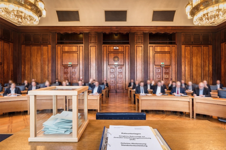 Historischer Ratssaal in Herne: Geheime Abstimmung der Stadtverordneten über die Standortvorlage für eine neue Zentrale Unterbringungseinrichtung (ZUE). Im Fokus die Wahlurne und die offiziellen Ratsunterlagen.