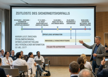 Eine Präsentation in einem Saal mit Zuhörern. Auf der Leinwand ist eine Zeitleiste mit Daten und Pfeilen zum Sicherheitsvorfall EUCLEAK zu sehen.