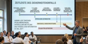 Eine Präsentation in einem Saal mit Zuhörern. Auf der Leinwand ist eine Zeitleiste mit Daten und Pfeilen zum Sicherheitsvorfall EUCLEAK zu sehen.