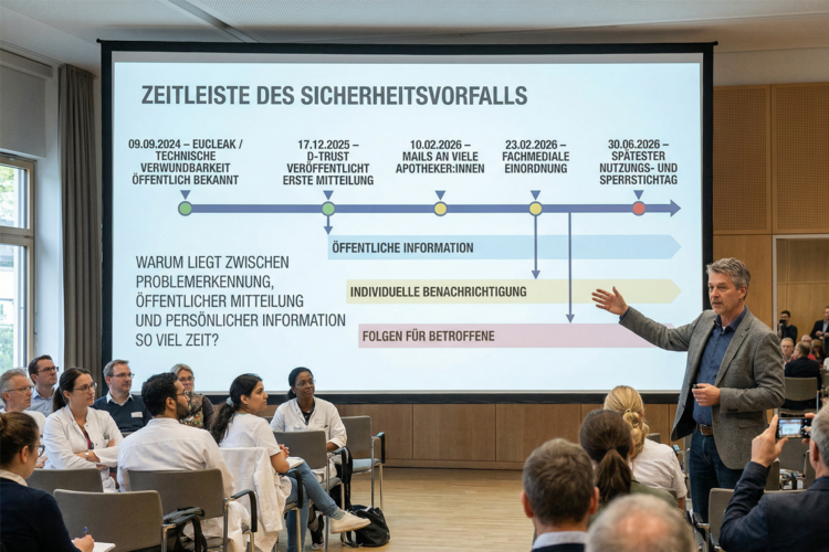 Eine Präsentation in einem Saal mit Zuhörern. Auf der Leinwand ist eine Zeitleiste mit Daten und Pfeilen zum Sicherheitsvorfall EUCLEAK zu sehen.