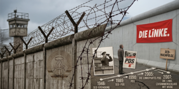 Historische Zeitachse der SED-Nachfolge von 1946 bis zur Partei DIE LINKE 2007 vor der Berliner Mauer mit Stacheldraht und Wachturm.