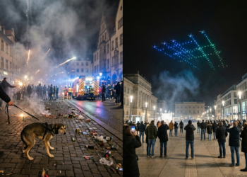 Böllerverbot in Herne: Warum der Rat die Prüfung hätte nicht blockieren sollen Bildvergleich Silvestertradition vs. Moderne: Erleben Sie die Gegenüberstellung von klassischem Feuerwerk mit Feinstaub und Lärmbelastung gegenüber innovativen, umweltfreundlichen Drohnenshows in der Stadt.