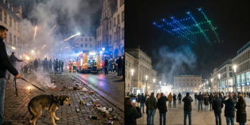 Bildvergleich Silvestertradition vs. Moderne: Erleben Sie die Gegenüberstellung von klassischem Feuerwerk mit Feinstaub und Lärmbelastung gegenüber innovativen, umweltfreundlichen Drohnenshows in der Stadt.