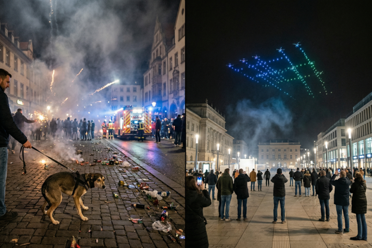Böllerverbot in Herne: Warum der Rat die Prüfung hätte nicht blockieren sollen Bildvergleich Silvestertradition vs. Moderne: Erleben Sie die Gegenüberstellung von klassischem Feuerwerk mit Feinstaub und Lärmbelastung gegenüber innovativen, umweltfreundlichen Drohnenshows in der Stadt.