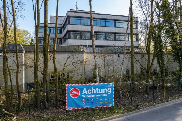 Geplante Flüchtlingsunterkunft (ZUE) in Herne-Holsterhausen, Südstraße 48. Die Aufnahme zeigt den aktuellen Zustand des Objekts mit Hinweisschild zur Videoüberwachung.