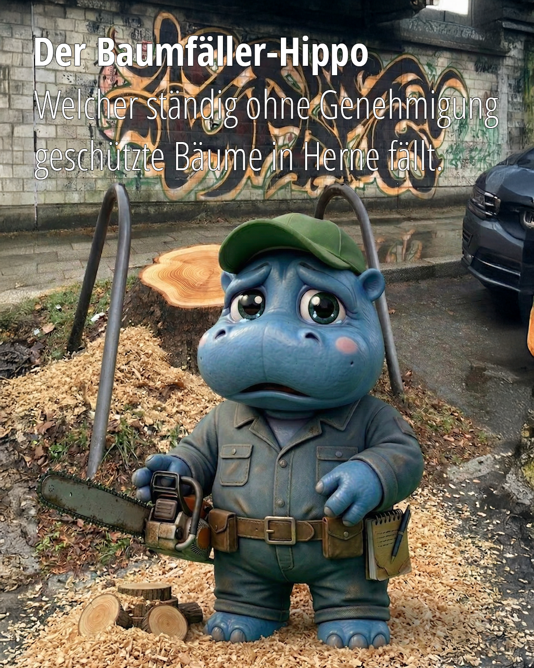Ein Happy-Hippo fällt Bäume in Herne.