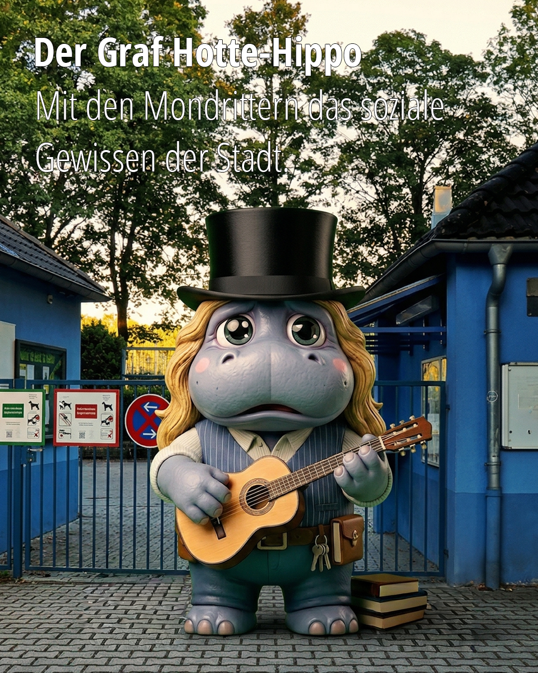 Graf Hotte Happy-Hippo mit Gitarre und Hut.