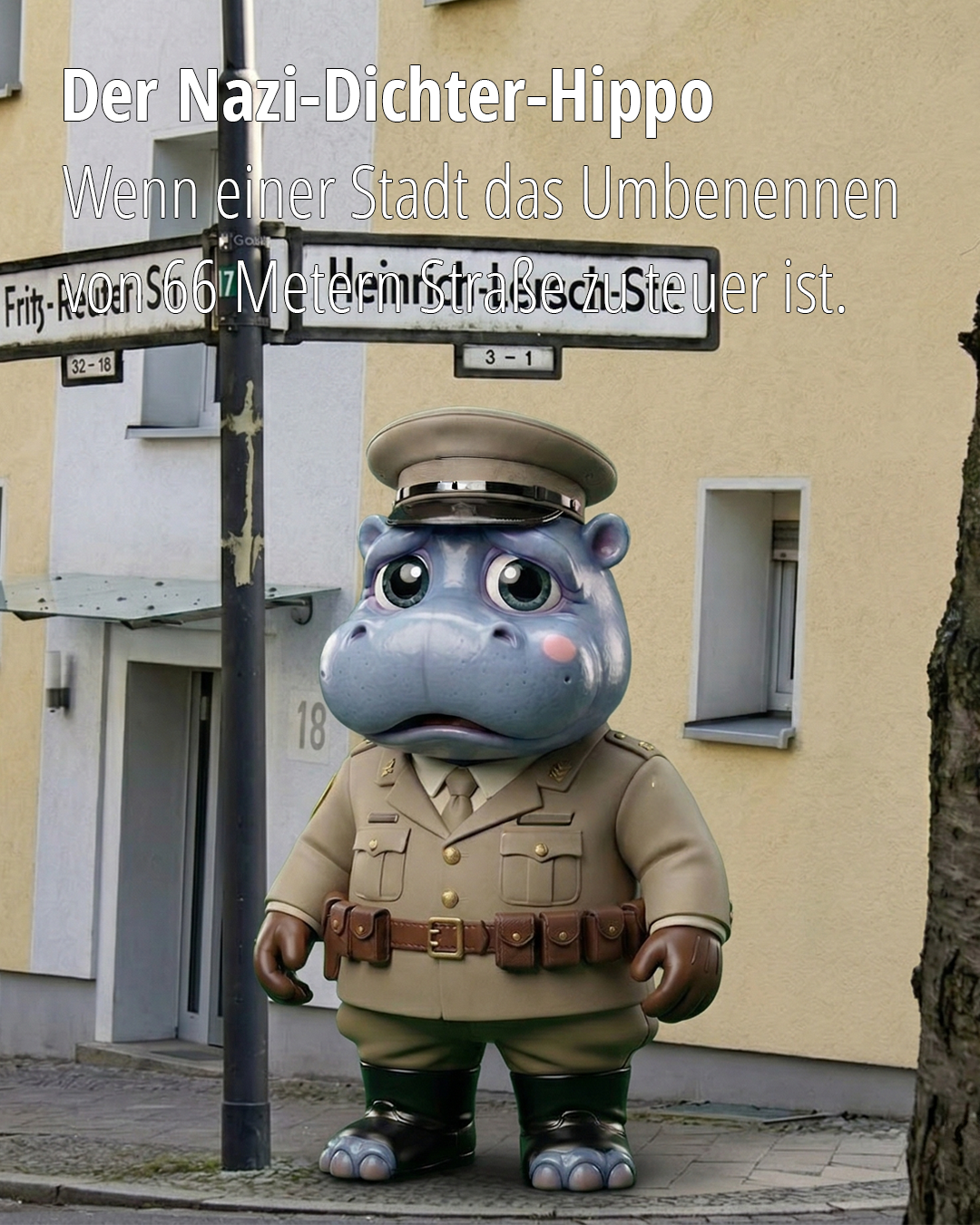 Happy-Hippo in Nazi-Uniform vor Straßenschild.