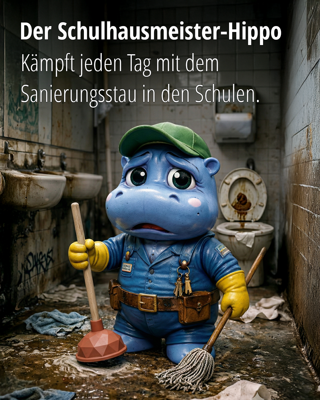 Happy-Hippo kämpft gegen Schulverschmutzung.