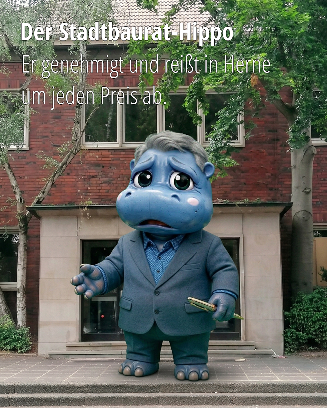 Stadtbaurat-Happy-Hippo in Anzug steht vor dem ehemaligen Hallenbad Eickel.