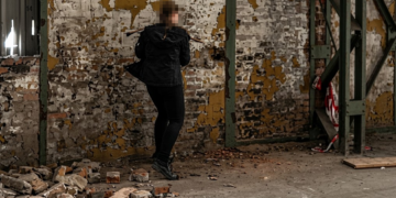 Eine Frau in einem schwarzen Kapuzenpullover steht mit dem Rücken zur Kamera auf dem Funkenbergareal in Herne, einer Abrisshalle für das n8werk Event, und hält ein Werkzeug vor eine marode, gelb-weiße Ziegelwand.