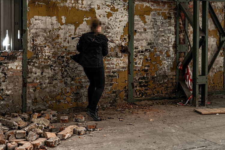 Eine Frau in einem schwarzen Kapuzenpullover steht mit dem Rücken zur Kamera auf dem Funkenbergareal in Herne, einer Abrisshalle für das n8werk Event, und hält ein Werkzeug vor eine marode, gelb-weiße Ziegelwand.
